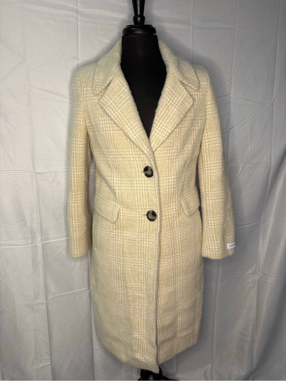Calvin Klein Cream Plaid Long Coat Women’s Size 10